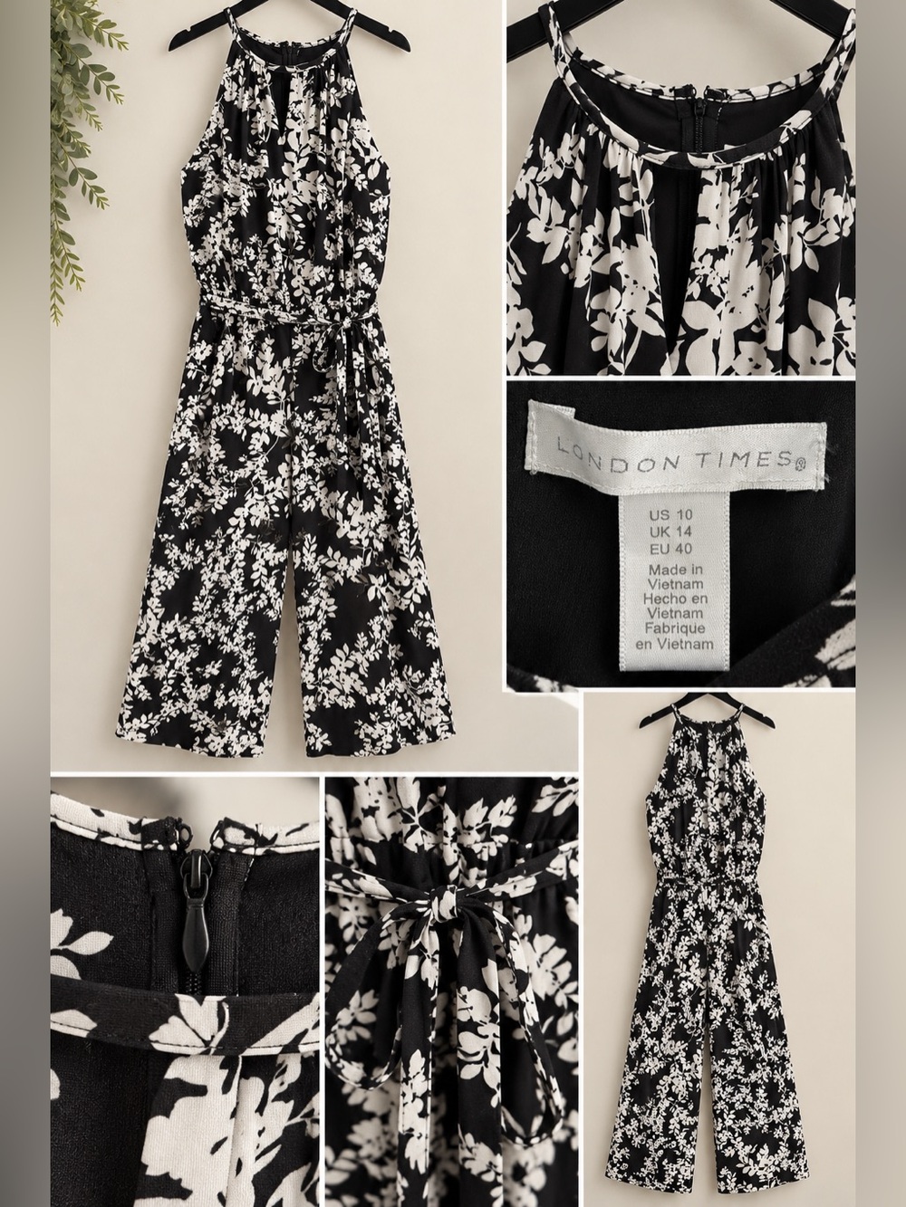 London Times Black & White Floral Halter Wide Leg Jumpsuit Size 10
